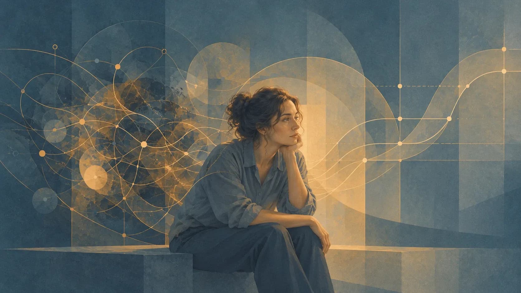 A person sitting in quiet thought, surrounded by flowing lines and points of light