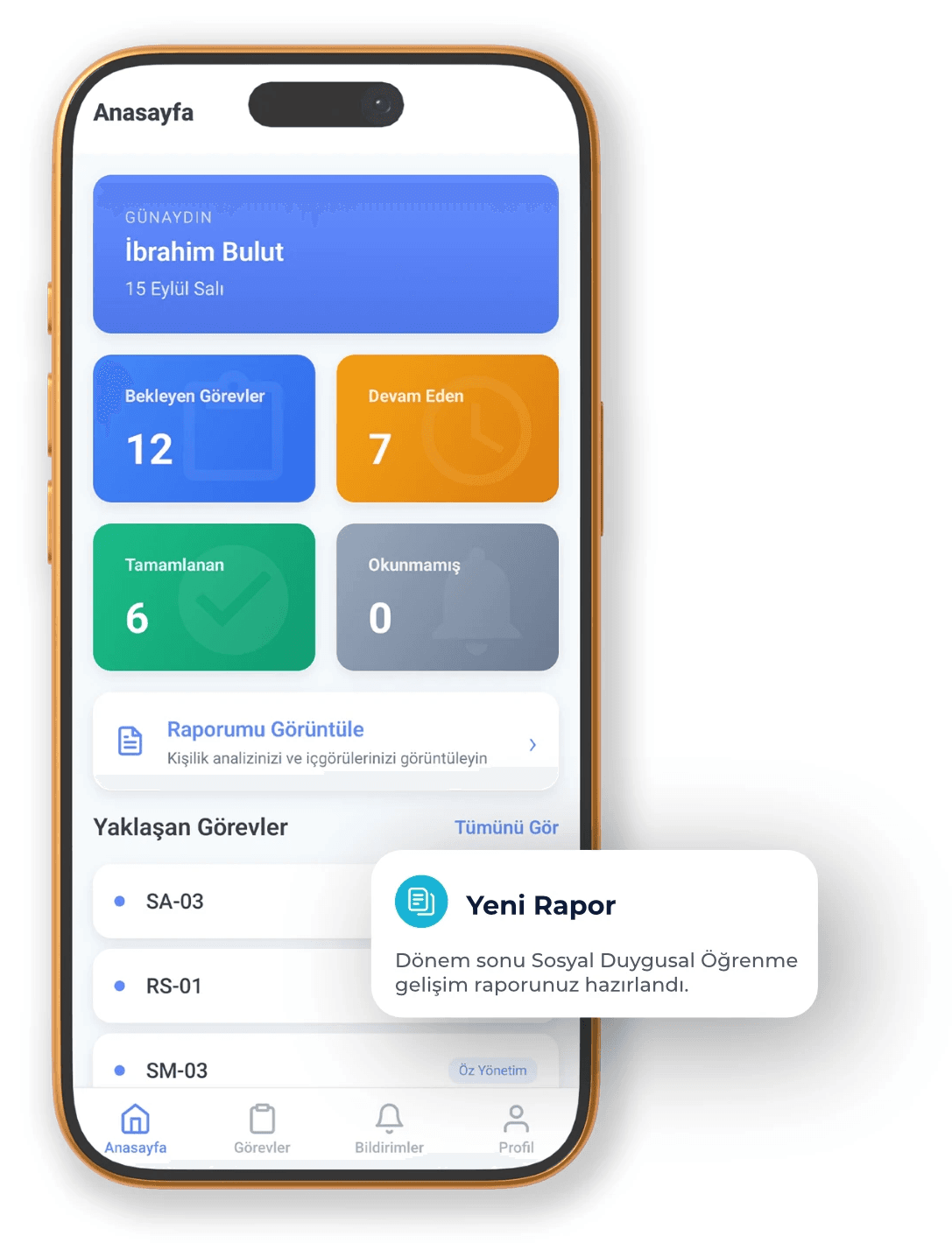 Persona EDU mobile app home screen with tasks and a new SEL report
