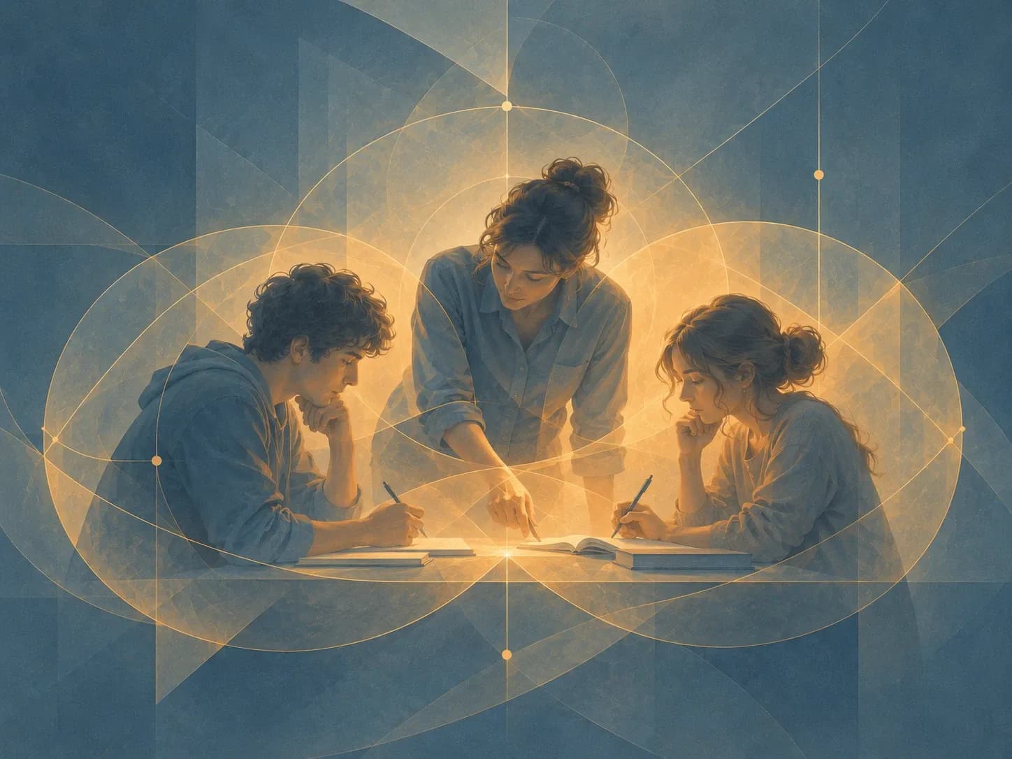 Two students writing at a table while a teacher points to a book, within an abstract pattern of light