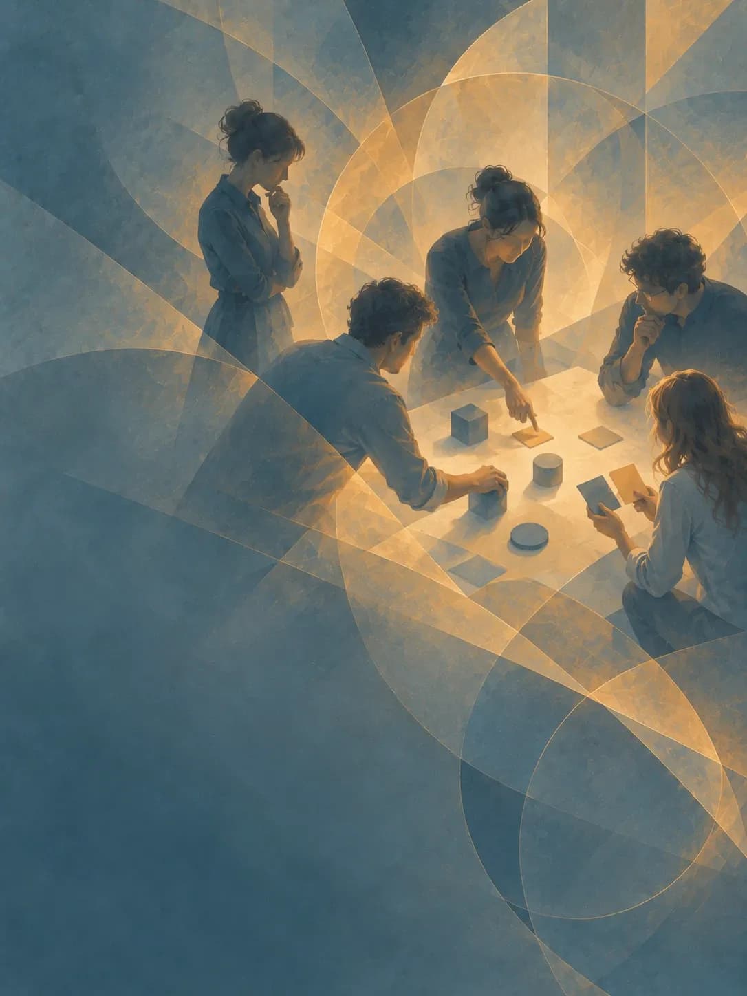 A small group working together around a table with cards and blocks, surrounded by an abstract pattern of light