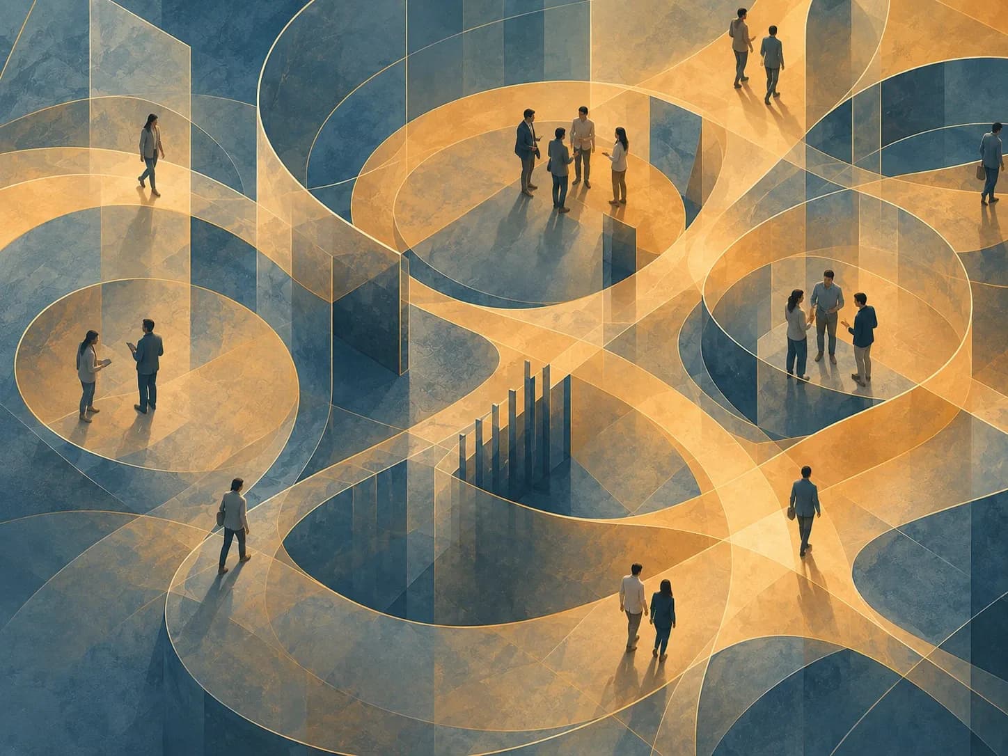 People talking in small groups and walking along connected paths in an abstract workplace