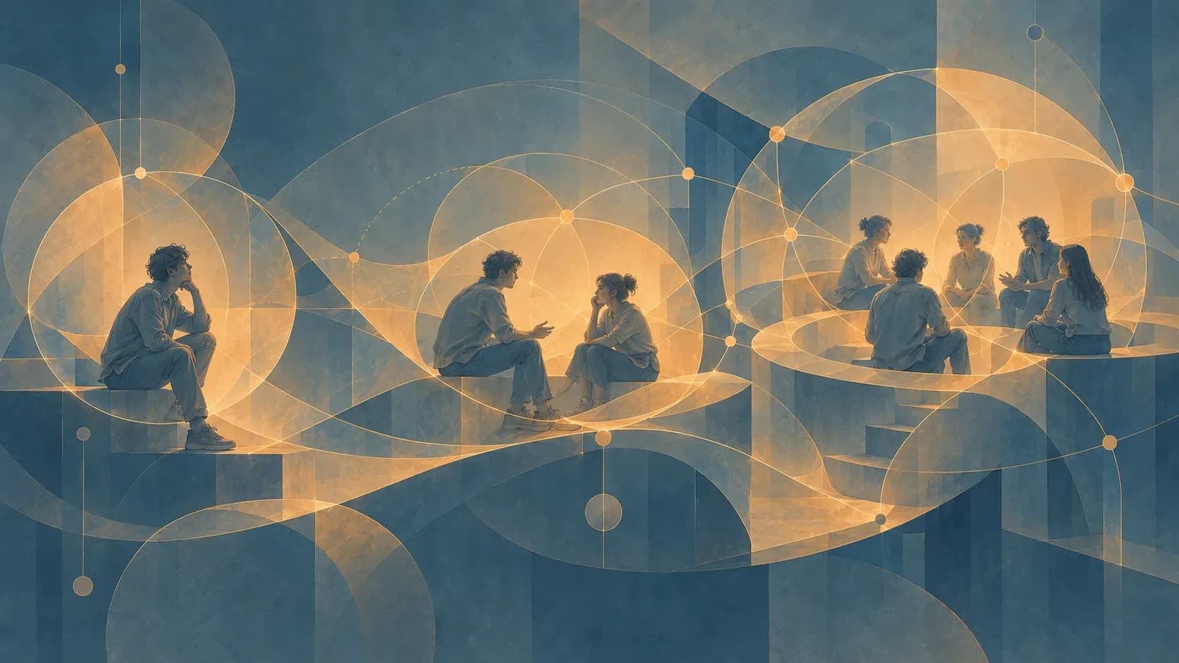 People alone, in pairs and in a small group, linked by flowing lines of light